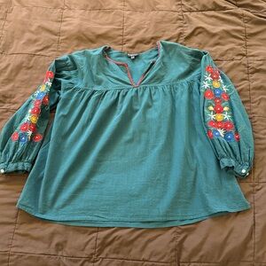 Fragonard Parfumeur green embroidery floral Boho Top, size M/L